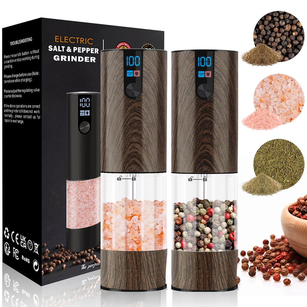 Minpenlay Electric Salt and Pepper Grinder Set Rechargeable with LED Display Adjustable Coarseness 120ml Container Automatic Pepper and Salt Grinder for Kitchen Restaurant (Wood Grain)