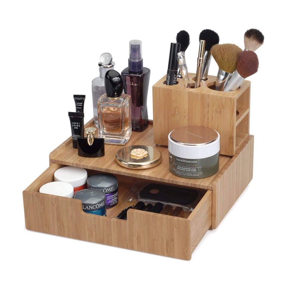 MobileVision Bamboo Makeup Drawer Organizer with 5-Compartment Brush Holder Stand Combo