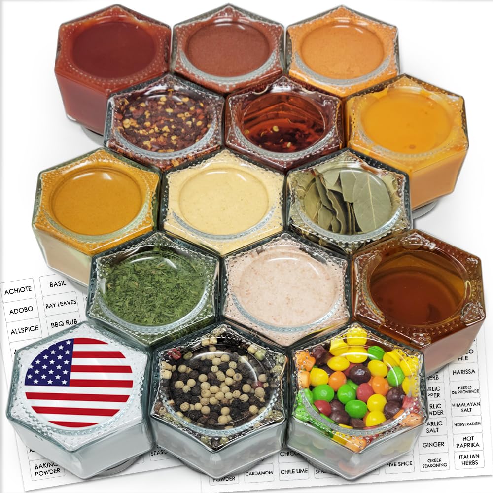 15 Set Magnetic Spice Jars Large 4 oz Refrigerator Hexagon Glass Spice Jars Magnetic Lids Shaker Spice Labels Magnetic Glass Spice Containers for RV Travel Trailer Kitchen Fridge Cabinet Wall mount